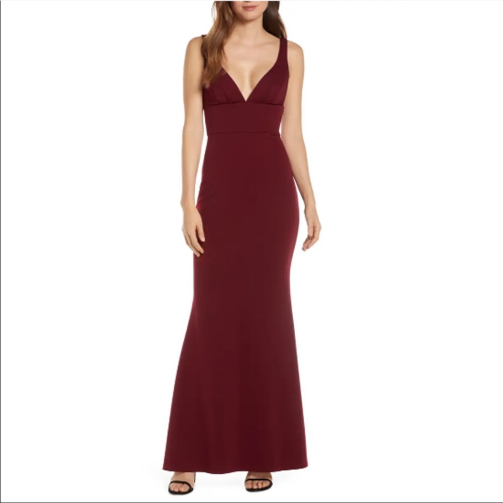 Katie May Helena V-Neck Trumpet Gown Dress - Burgundy / Bordeaux - L